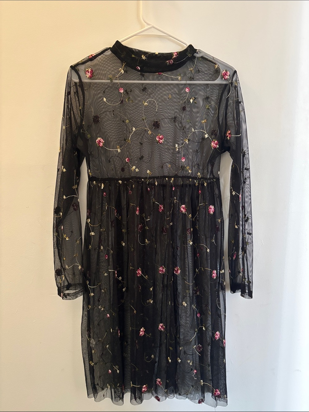 Sheer Black Floral Embroidered Mesh Dress